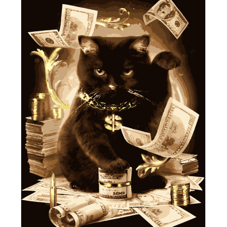 Картина за номерами Кіт з грошима (з золотою фарбою) (PN5585) 40*50 см.